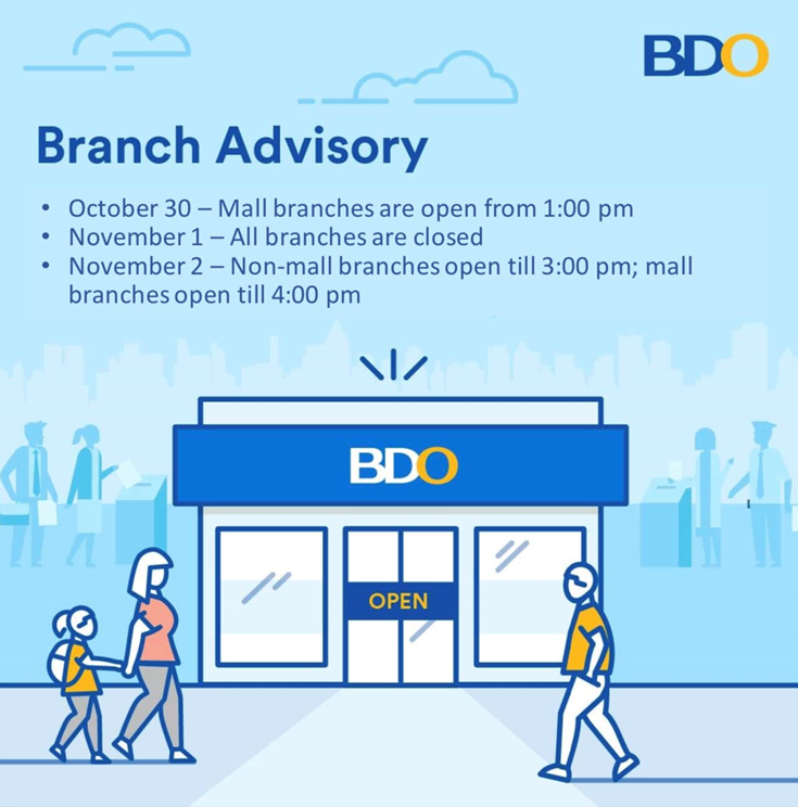 BDO announces branches schedule of operations for Oct 30 to Nov 2